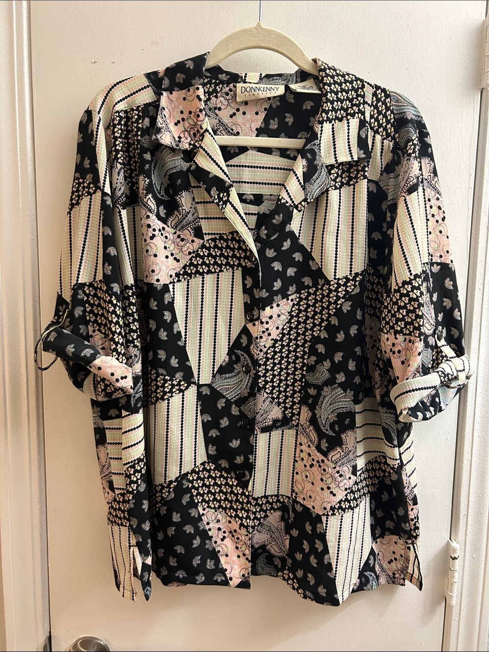 Black & Pink Patchwork Button-Up Blouse